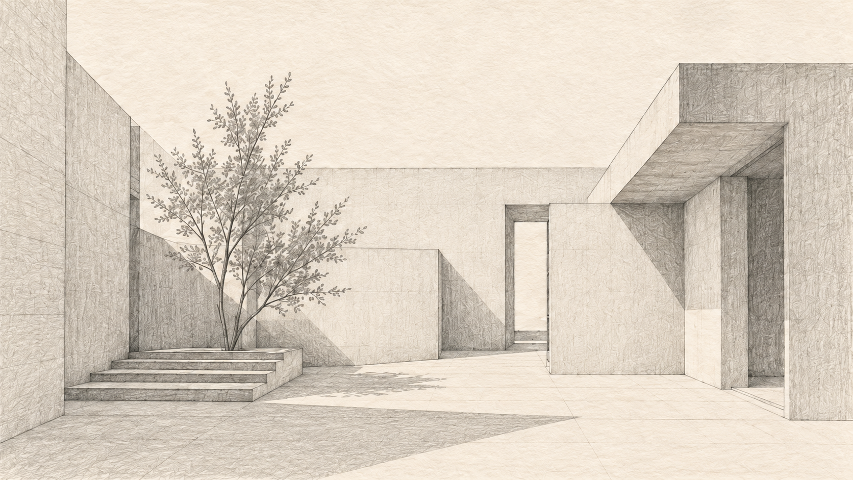 Decorative placeholder pencil sketch of a courtyard, with a tree beside steps and simple geometric buildings.
